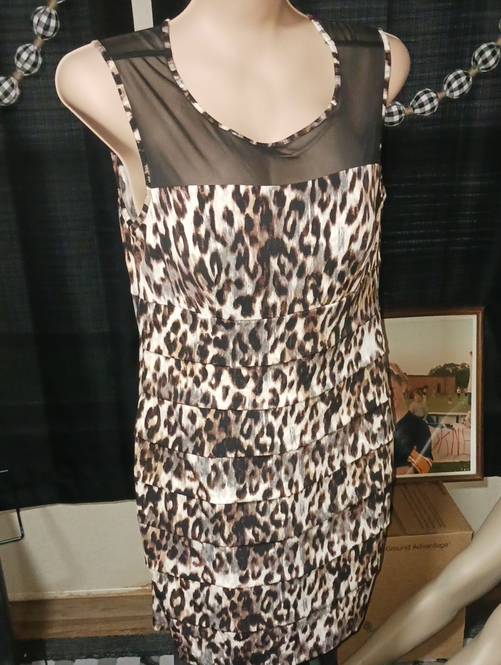 Enfocus Studio Leopard Print Sheath Dress with Black Mesh Yoke